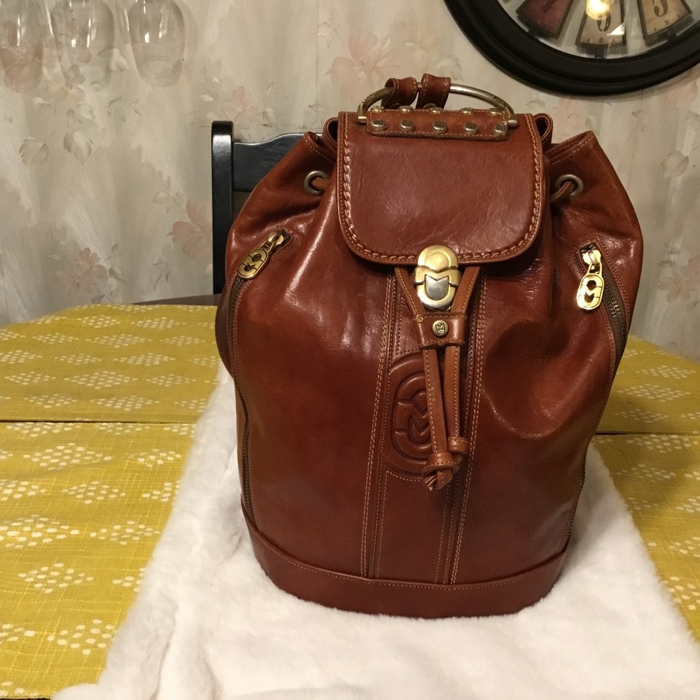 Marino Orlandi saddle brown leather backpack bag